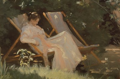 De vrouw van de kunstenaar zittend in een tuinstoel in Skagen door Peder Severin Krøyer